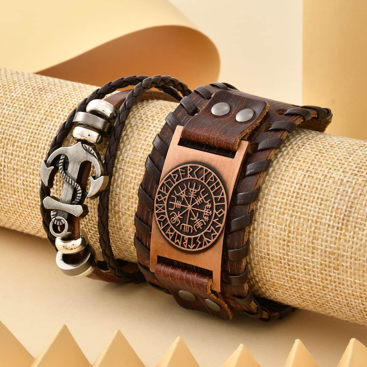 Set of 2 Brown Color Genuine Leather and Dualtone Adjustable Bracelet image number 1