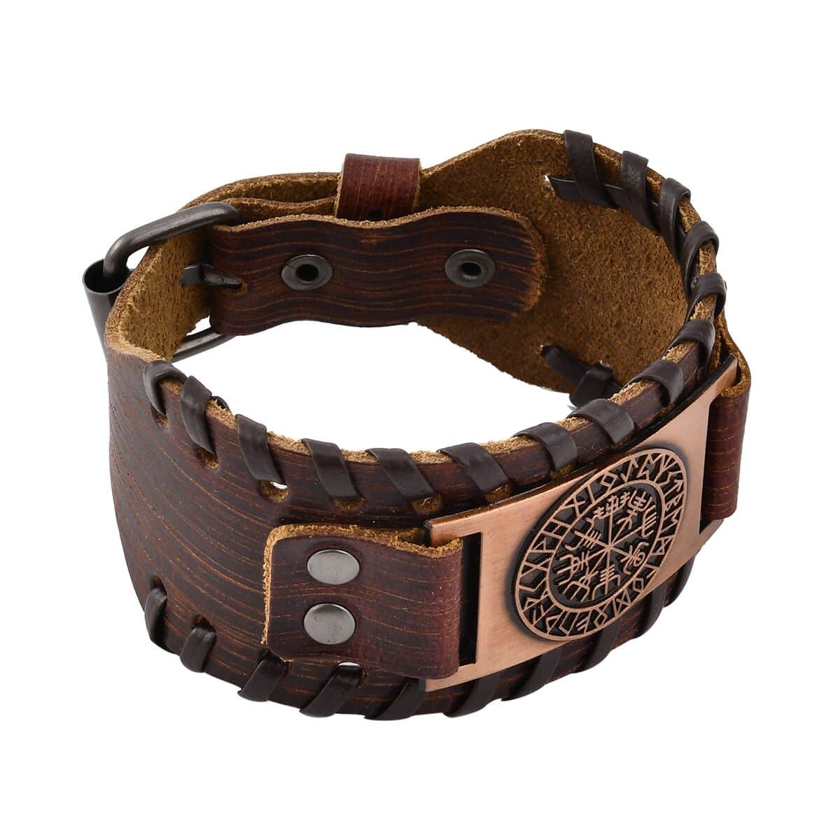 Set of 2 Brown Color Genuine Leather and Dualtone Adjustable Bracelet image number 3