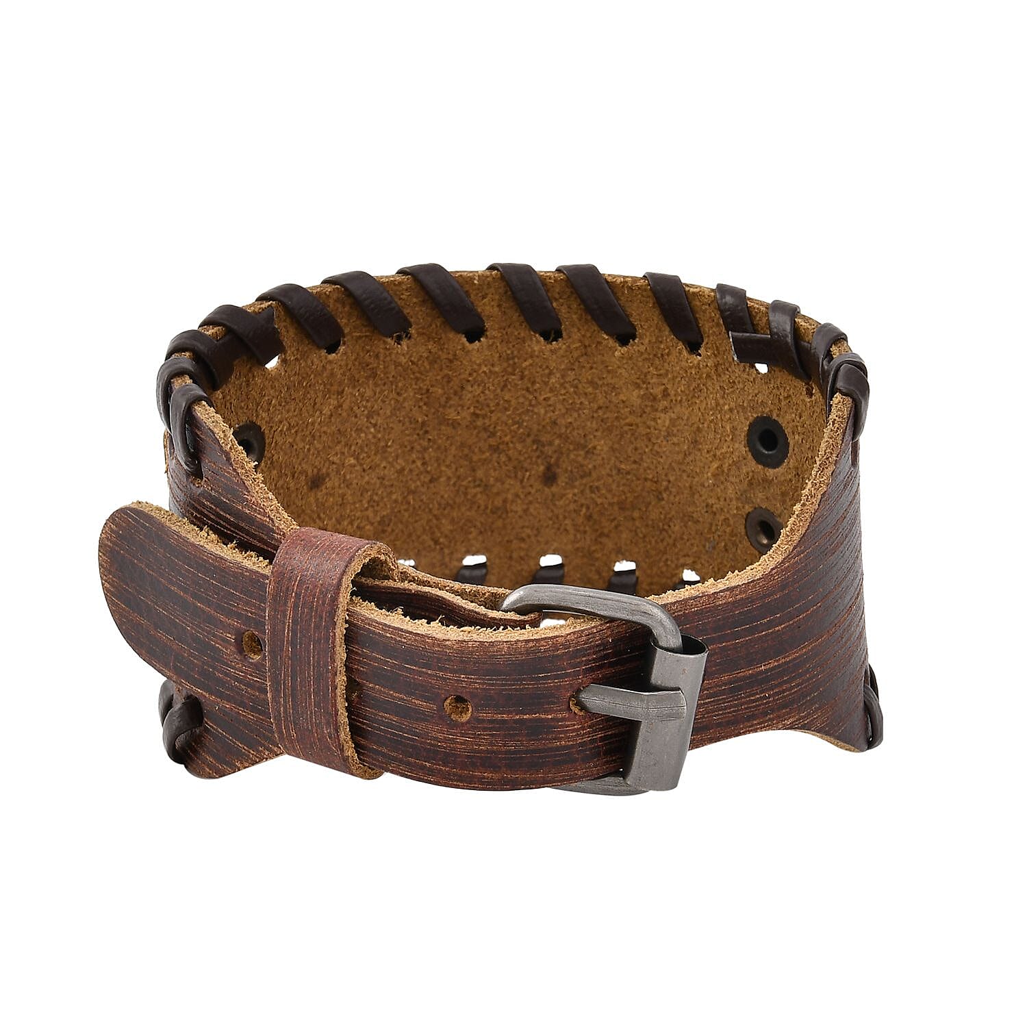 Set of 2 Brown Color Genuine Leather and Dualtone Adjustable Bracelet