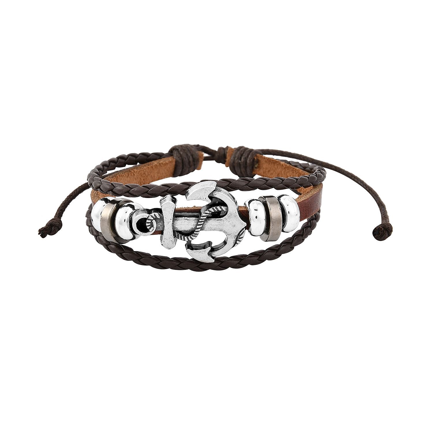 Set of 2 Brown Color Genuine Leather and Dualtone Adjustable Bracelet