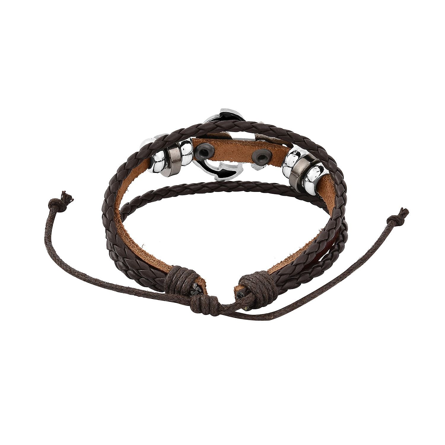 Set of 2 Brown Color Genuine Leather and Dualtone Adjustable Bracelet