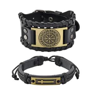 Set of 2 Black Color Genuine Leather and Dualtone Adjustable Bracelet