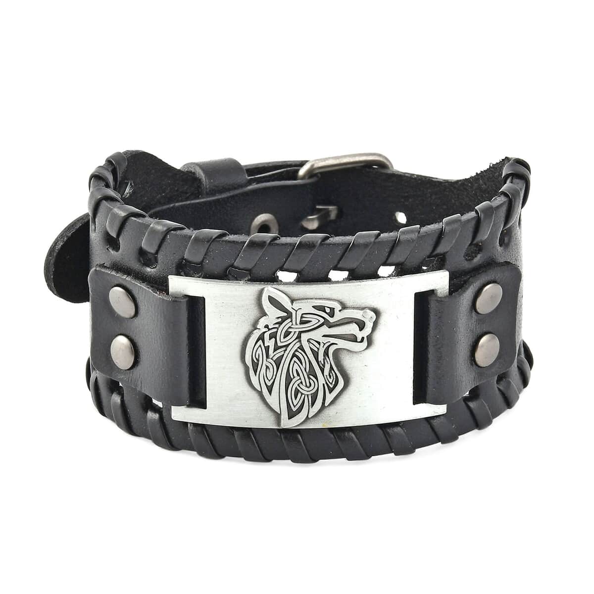 Set of 2 Black Color Genuine Leather and Silvertone Adjustable Bracelet image number 2