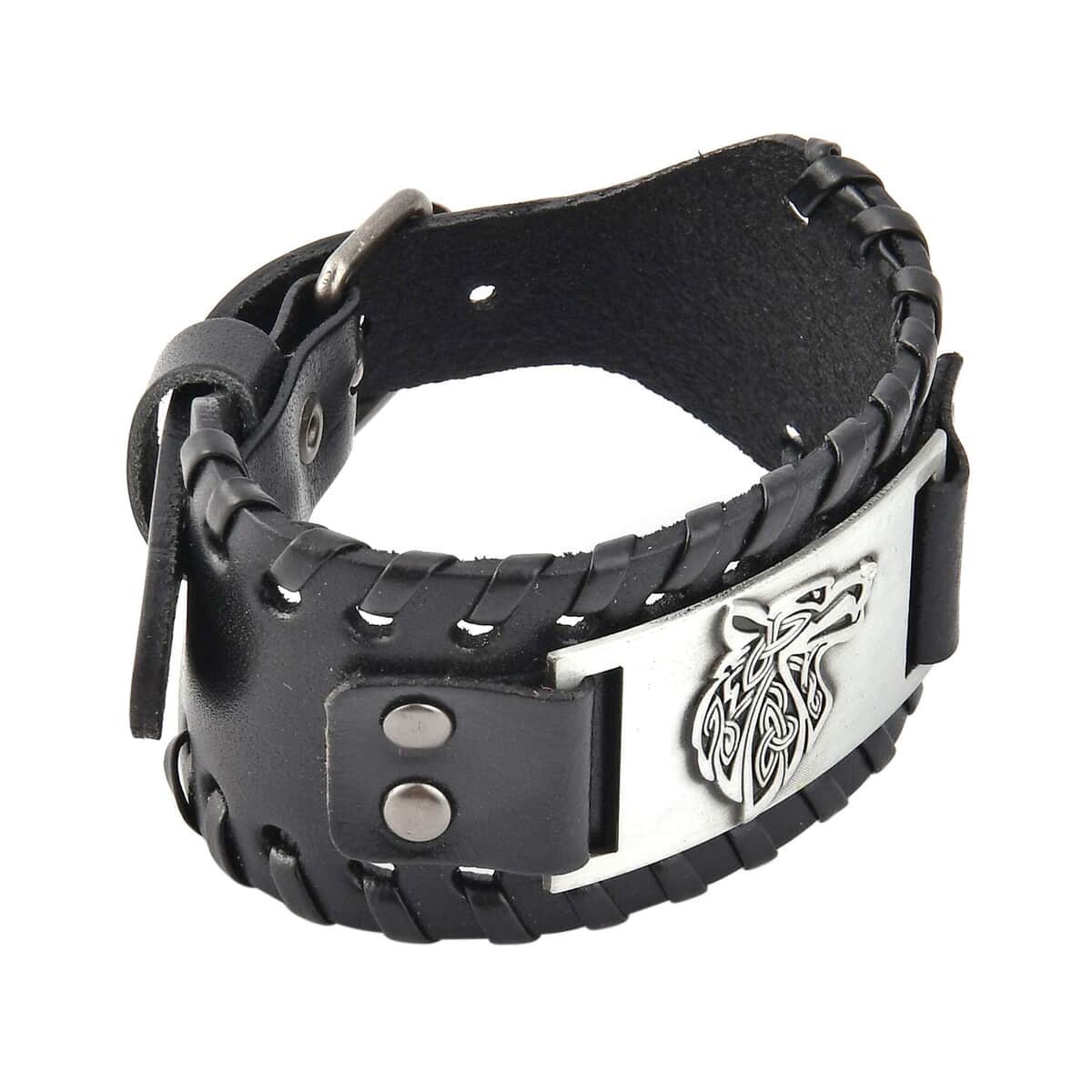 Set of 2 Black Color Genuine Leather and Silvertone Adjustable Bracelet image number 3