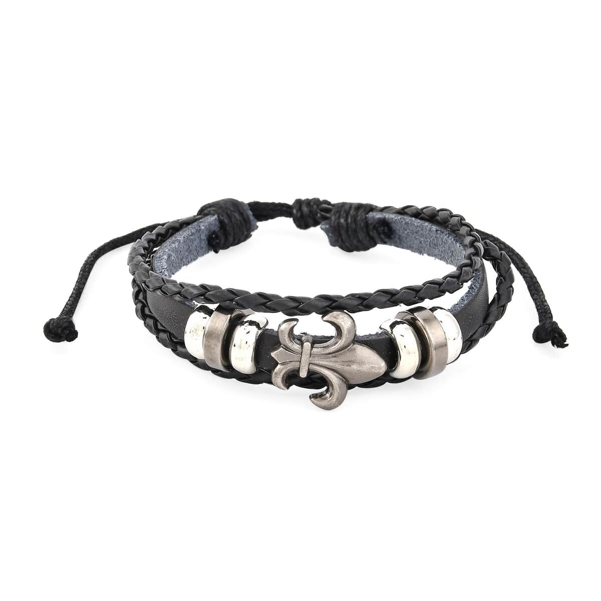 Set of 2 Black Color Genuine Leather and Silvertone Adjustable Bracelet image number 5