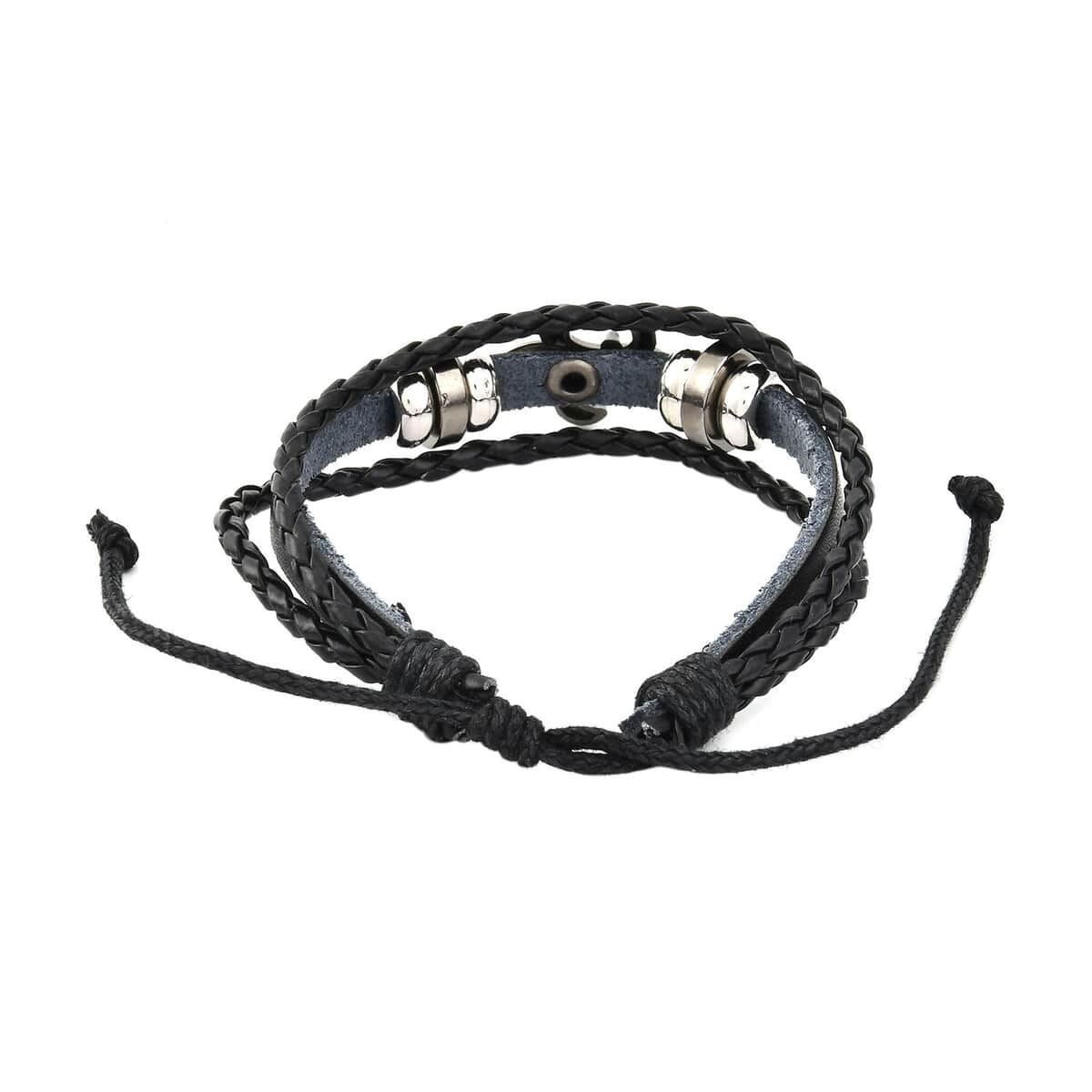 Set of 2 Black Color Genuine Leather and Silvertone Adjustable Bracelet image number 6