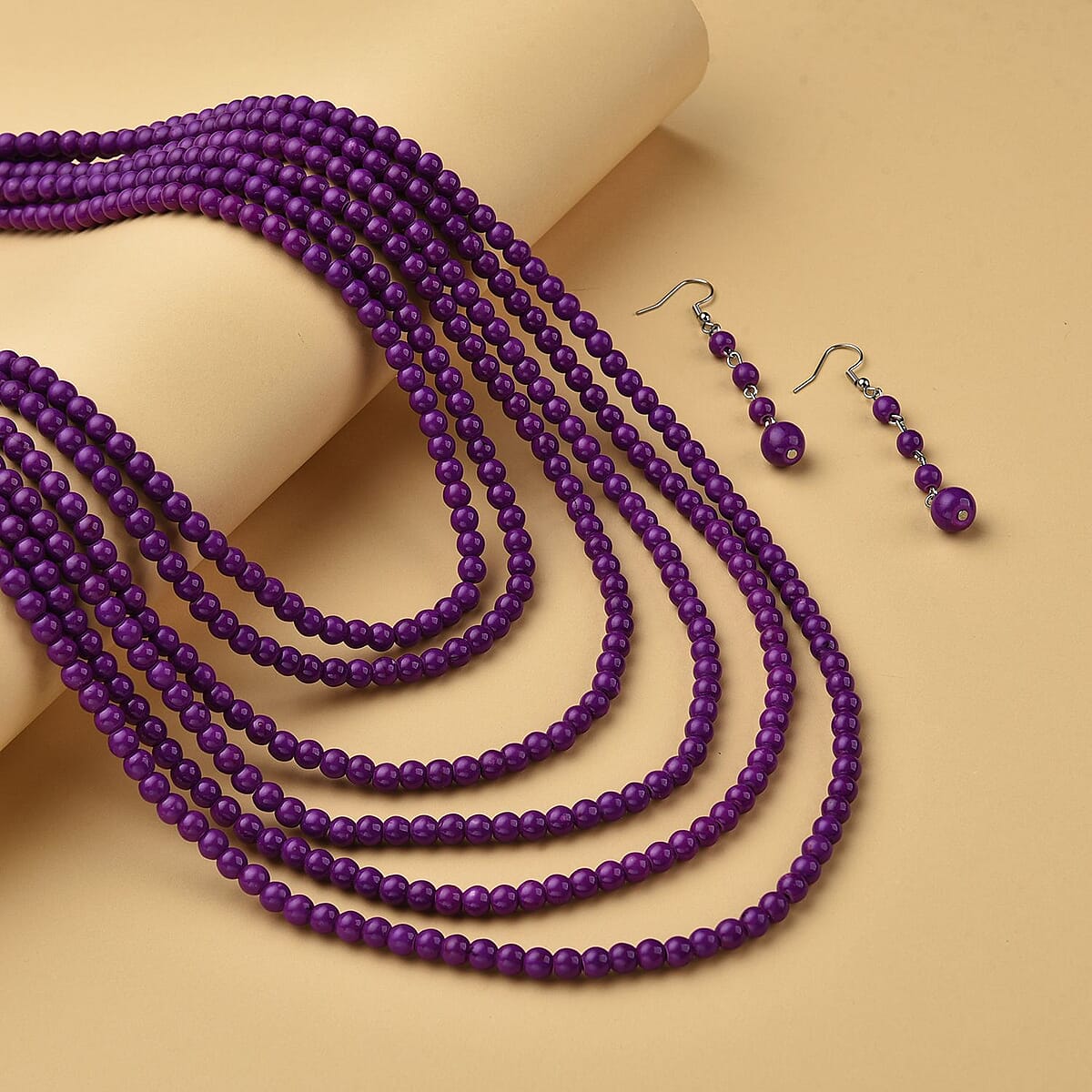 Freshened Purple Howlite Multi Strand Beaded Necklace 18-20 Inches and Earrings in Silvertone & Stainless Steel 812.00 ctw , Tarnish-Free, Waterproof, Sweat Proof Jewelry image number 1