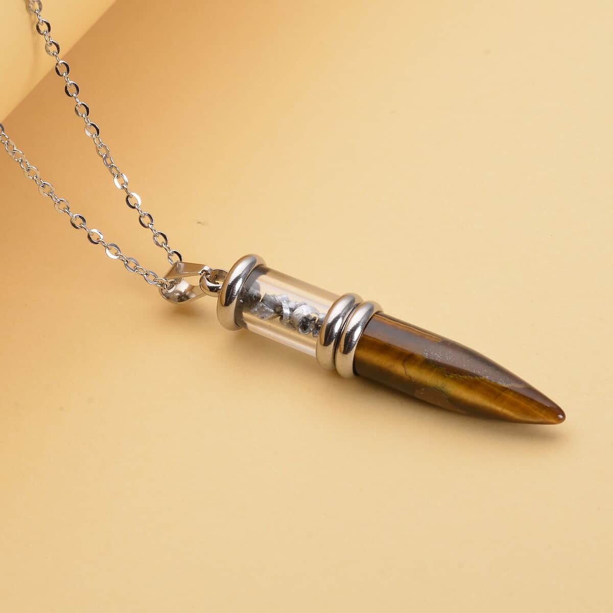Yellow Tiger's Eye and Marvelous Meteorite Pencil Pendant Necklace 20 Inches in Stainless Steel 25.00 ctw image number 1