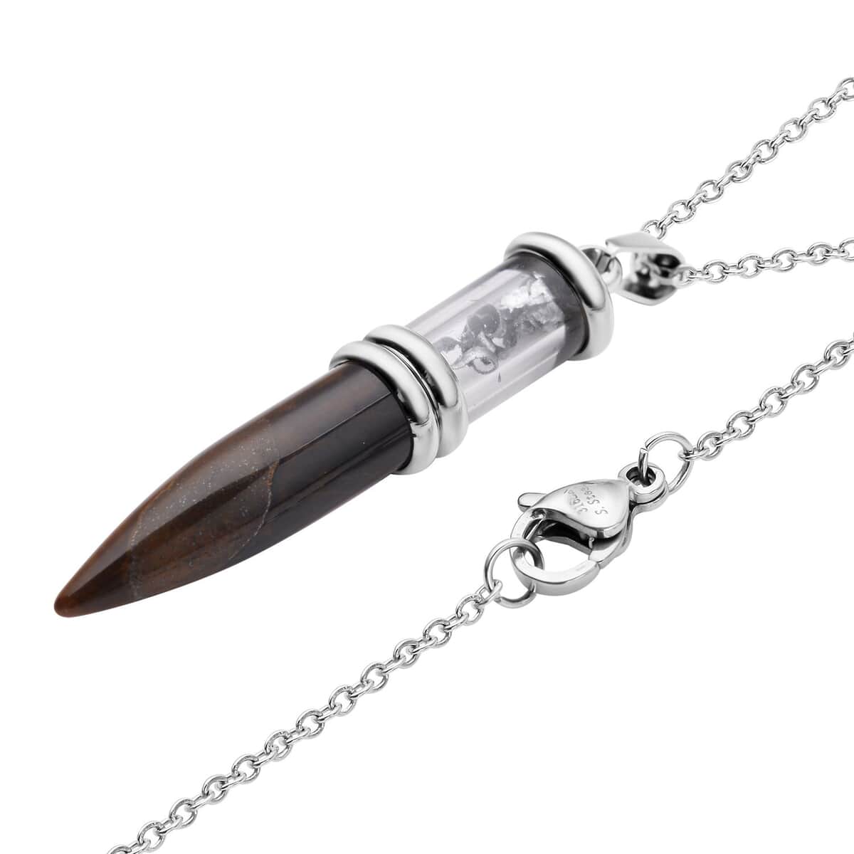 Yellow Tiger's Eye and Marvelous Meteorite Pencil Pendant Necklace 20 Inches in Stainless Steel 25.00 ctw image number 3