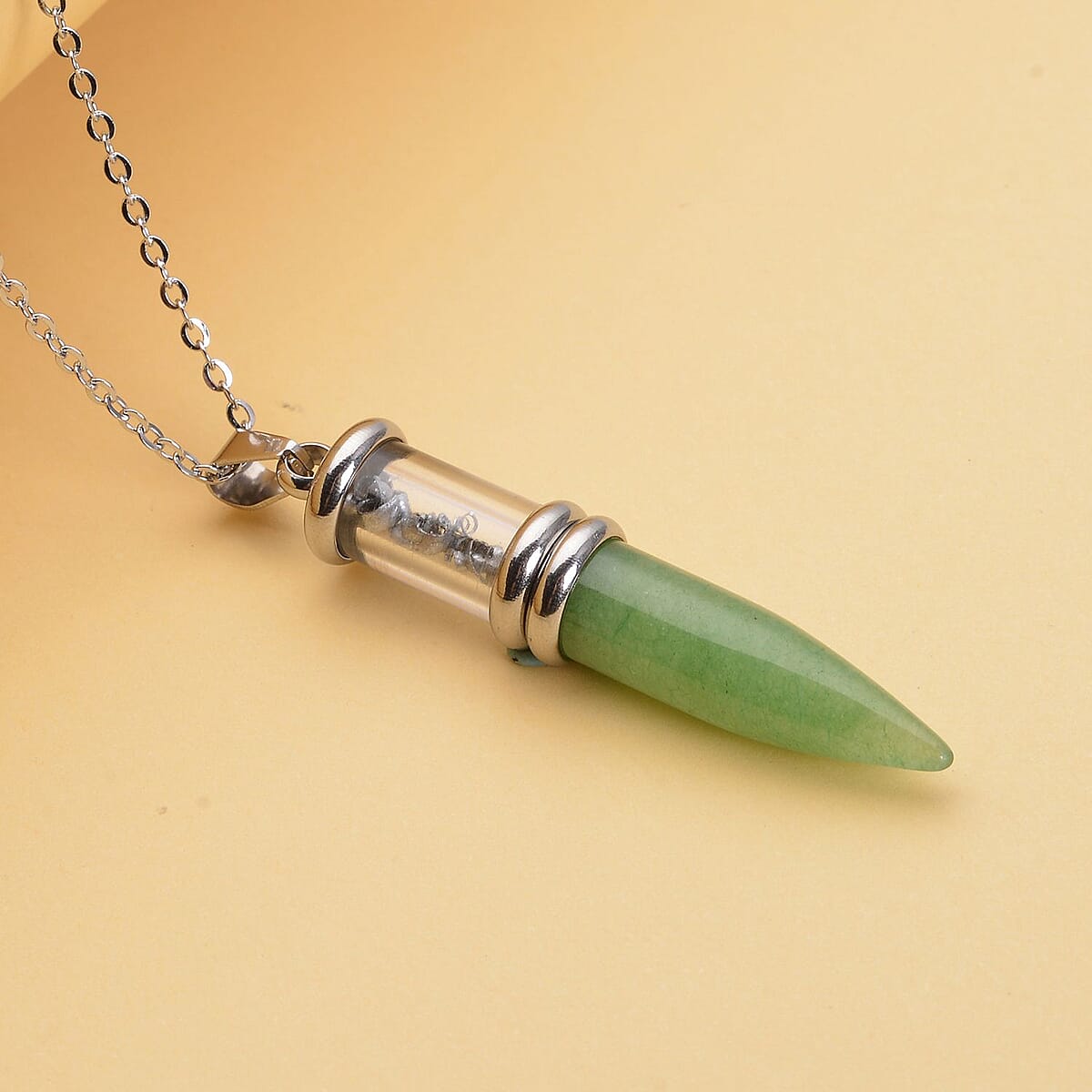 Green Aventurine, Marvelous Meteorite Pencil Pendant Necklace 20 Inches in Stainless Steel 25.00 ctw image number 1