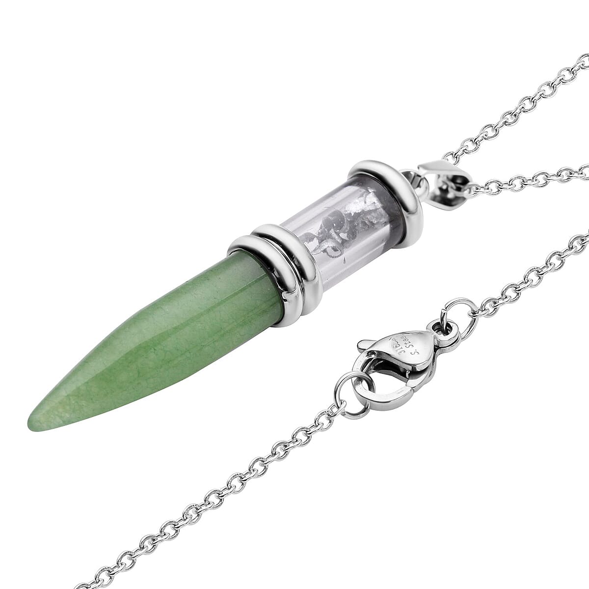 Green Aventurine, Marvelous Meteorite Pencil Pendant Necklace 20 Inches in Stainless Steel 25.00 ctw image number 3