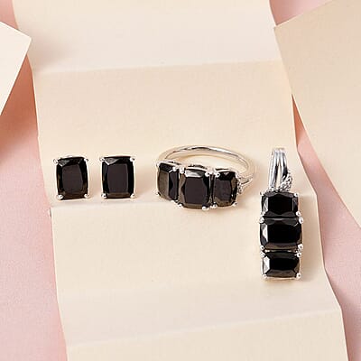 Elite Shungite Stud Earrings, 3 Stone Ring Size 10.0 and Pendant in Platinum Over Sterling Silver 5.85 ctw