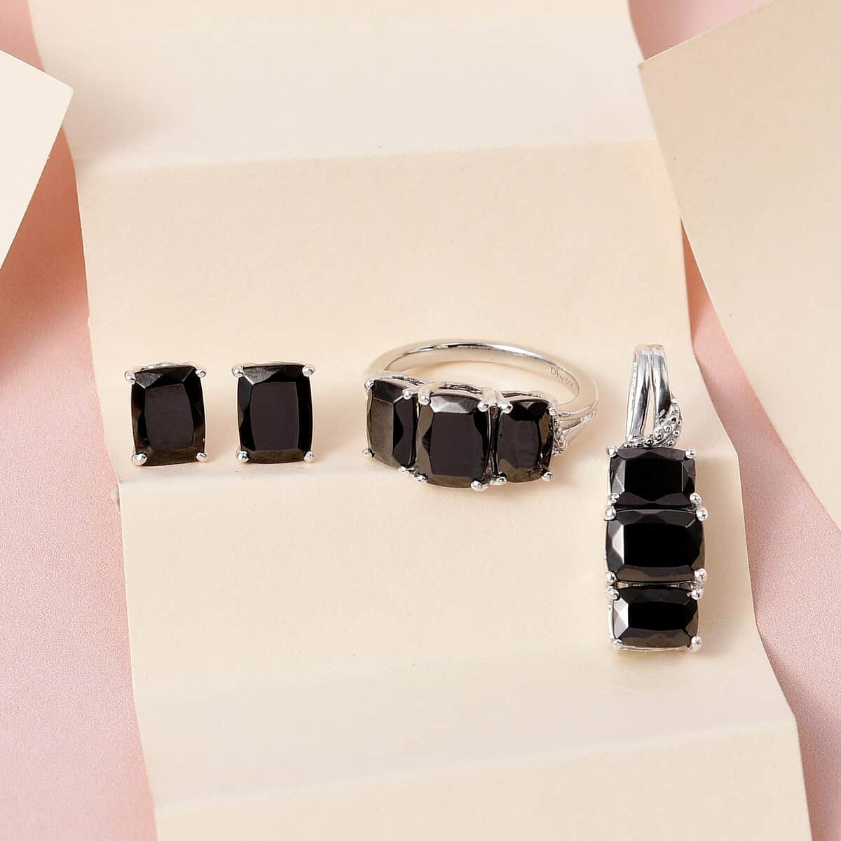 Elite Shungite Stud Earrings, 3 Stone Ring Size 5.0 and Pendant in Platinum Over Sterling Silver 5.85 ctw image number 1