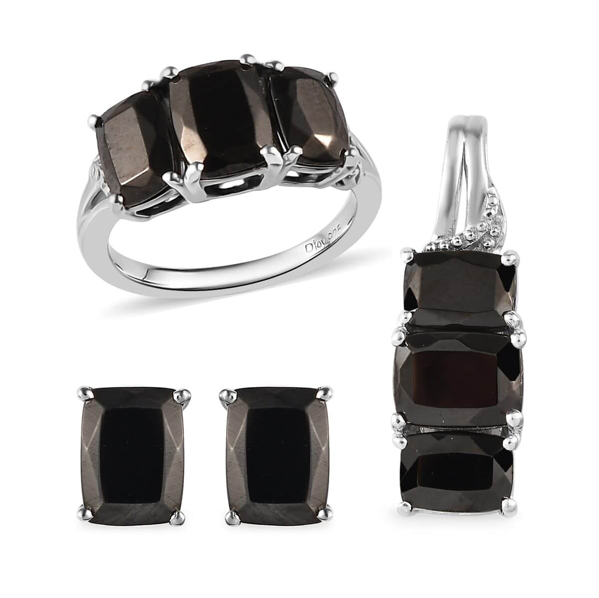 Elite Shungite Stud Earrings, 3 Stone Ring Size 6.0 and Pendant in Platinum Over Sterling Silver 5.85 ctw image number 0