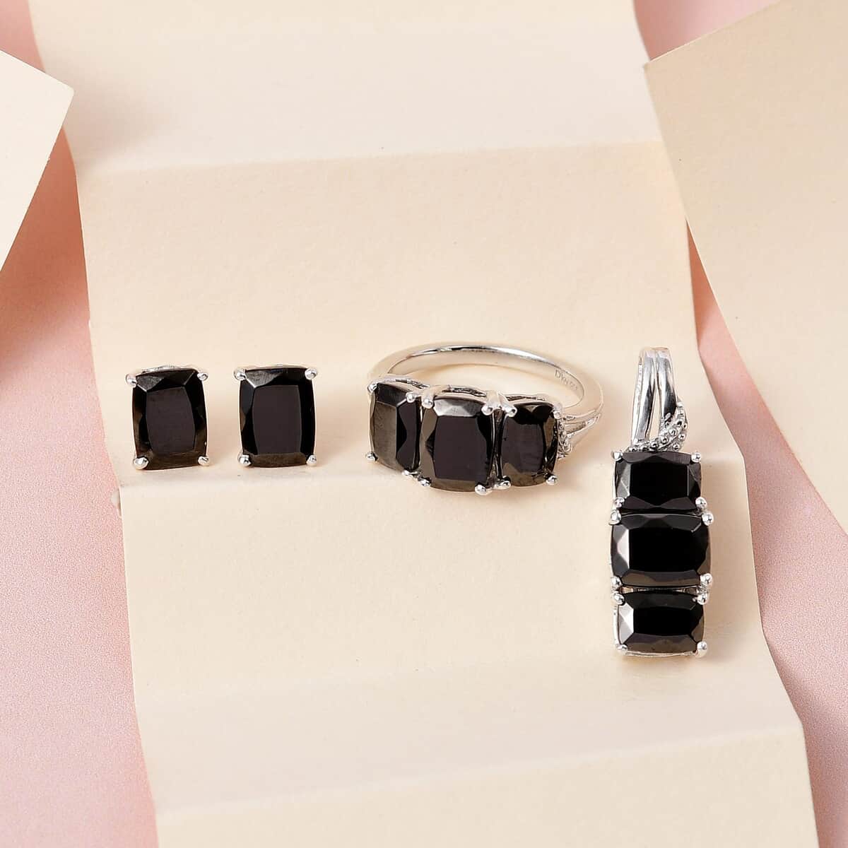 Elite Shungite Stud Earrings, 3 Stone Ring Size 6.0 and Pendant in Platinum Over Sterling Silver 5.85 ctw image number 1