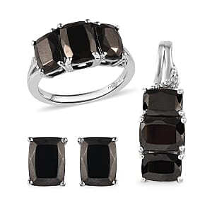 Elite Shungite Stud Earrings, 3 Stone Ring Size 7.0 and Pendant in Platinum Over Sterling Silver 5.85 ctw
