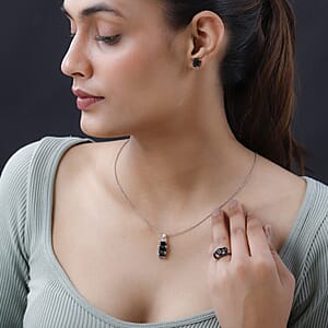 Elite Shungite Stud Earrings, 3 Stone Ring Size 7.0 and Pendant in Platinum Over Sterling Silver 5.85 ctw