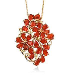 Crimson Fire Opal Floral Pendant Necklace 20 Inches in Vermeil Yellow Gold Over Sterling Silver 3.75 ctw
