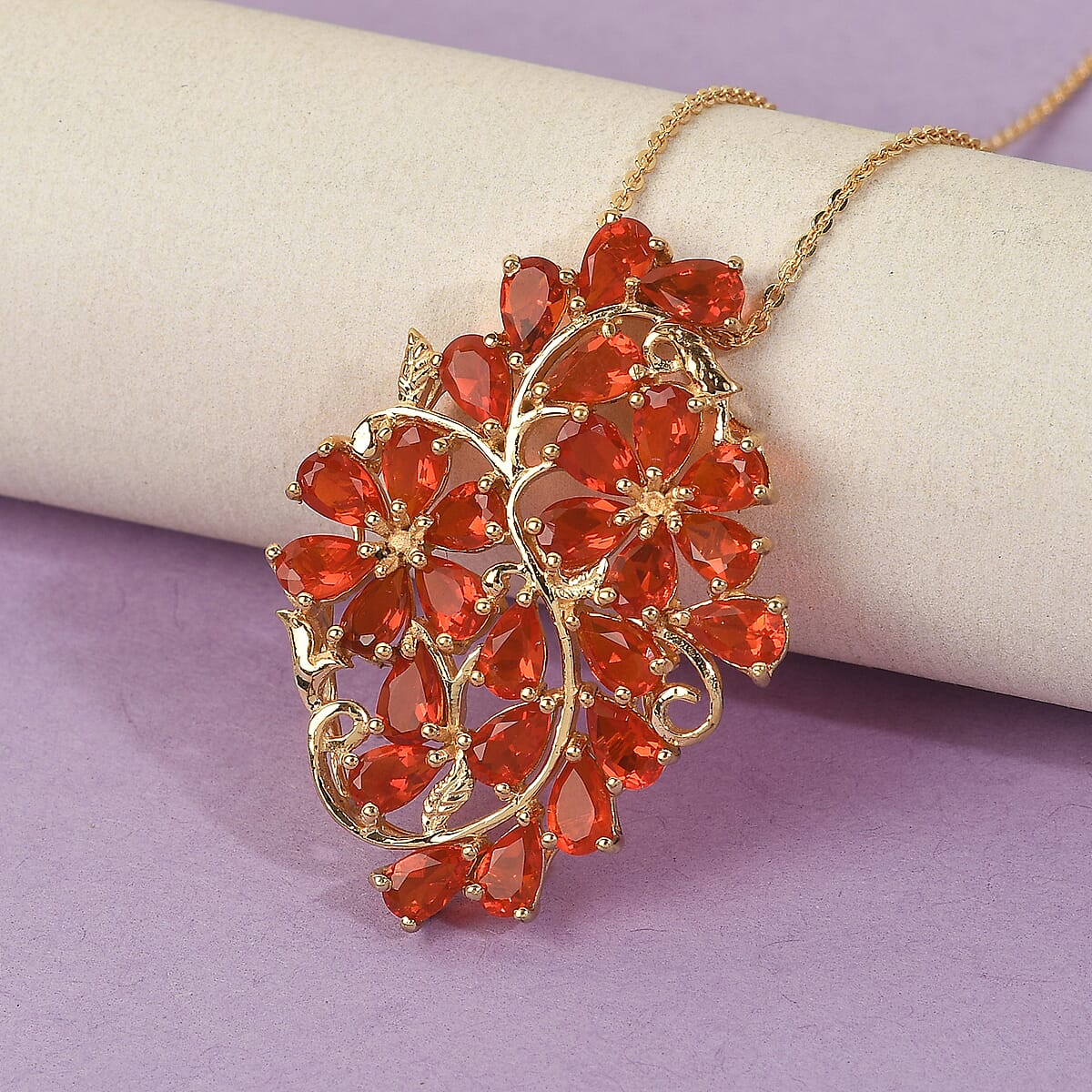 Crimson Fire Opal Floral Pendant Necklace 20 Inches in Vermeil Yellow Gold Over Sterling Silver 3.75 ctw image number 1