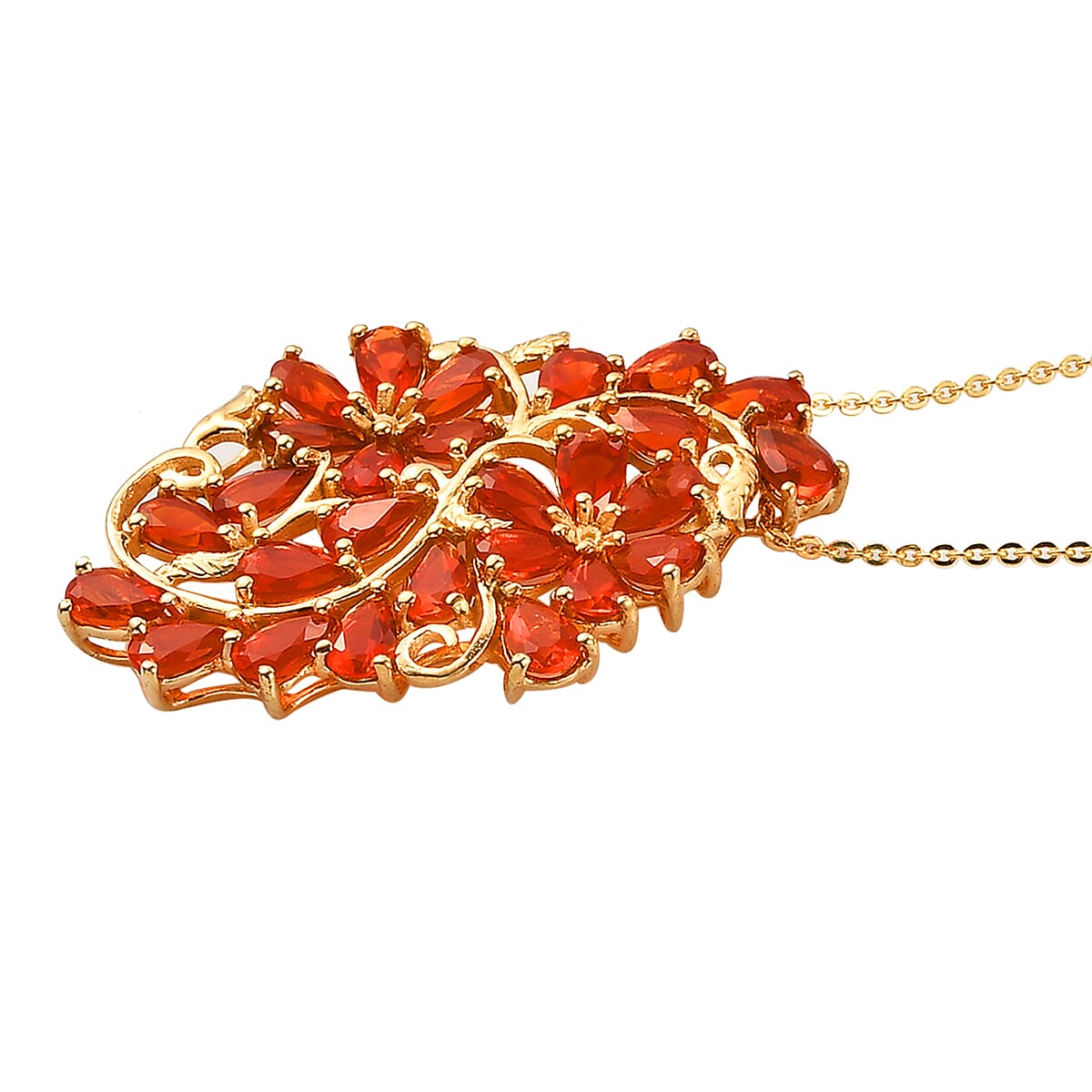 Crimson Fire Opal Floral Pendant Necklace 20 Inches in Vermeil Yellow Gold Over Sterling Silver 3.75 ctw