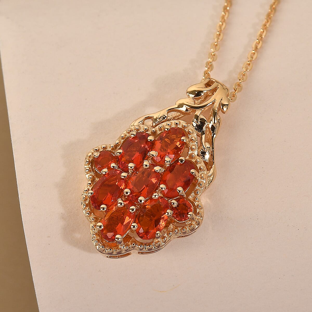 Mexican Fire Opal Pendant Necklace 20 Inches in Vermeil Yellow Gold Over Sterling Silver 1.15 ctw image number 1