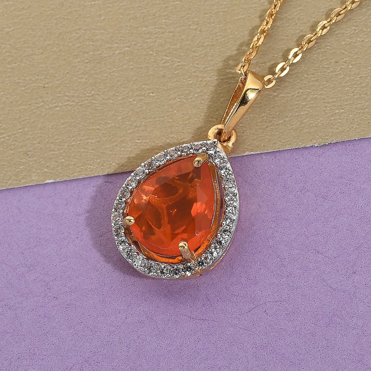 Crimson Fire Opal and Natural White Zircon Drop Pendant Necklace 20 Inches in Vermeil Yellow Gold Over Sterling Silver 1.50 ctw