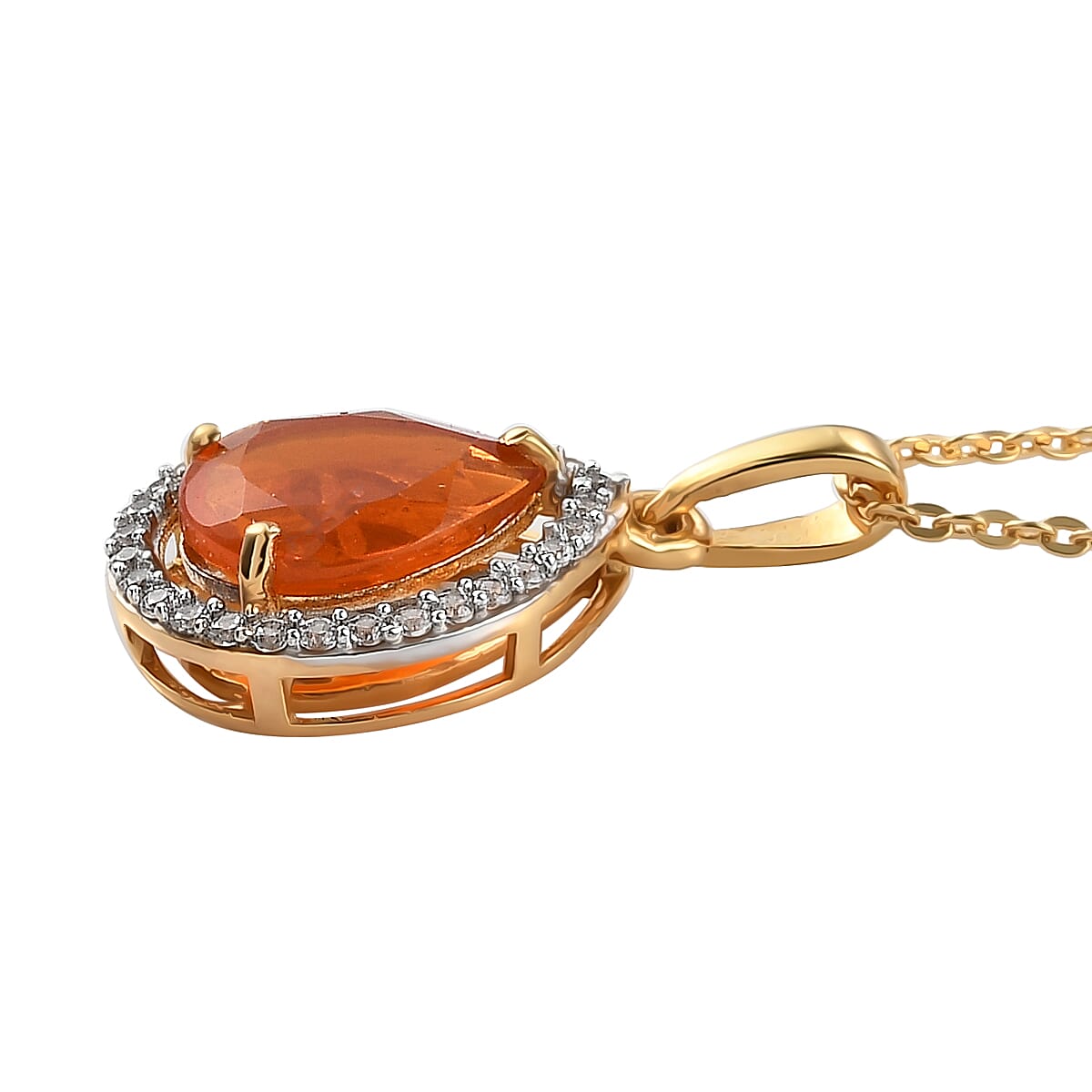 Crimson Fire Opal and Natural White Zircon Drop Pendant Necklace 20 Inches in Vermeil Yellow Gold Over Sterling Silver 1.50 ctw image number 3