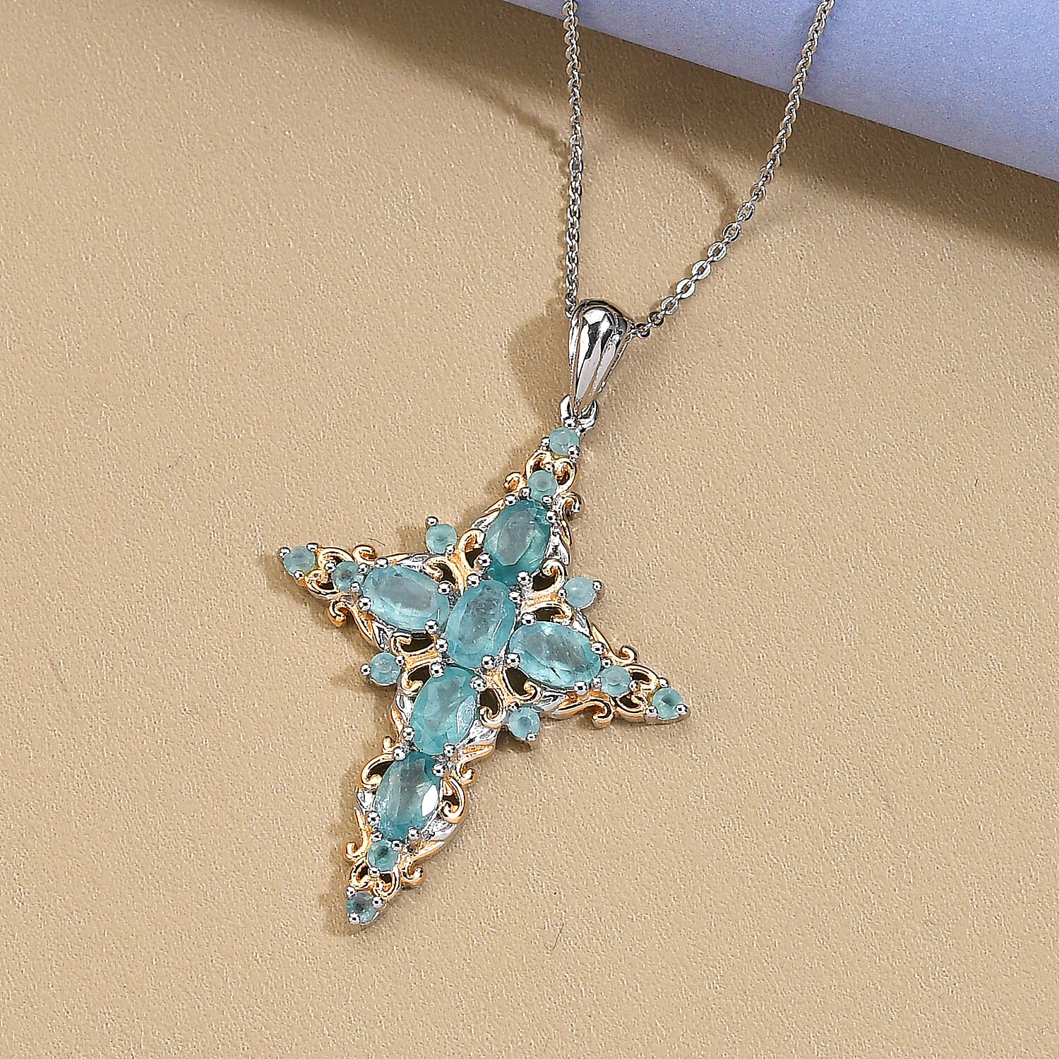 Premium Grandidierite Cross Pendant Necklace 20 Inches in Vermeil Yellow Gold and Platinum Over Sterling Silver 3.10 ctw