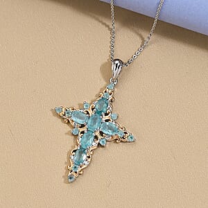 Premium Grandidierite Cross Pendant Necklace 20 Inches in Vermeil Yellow Gold and Platinum Over Sterling Silver 3.10 ctw