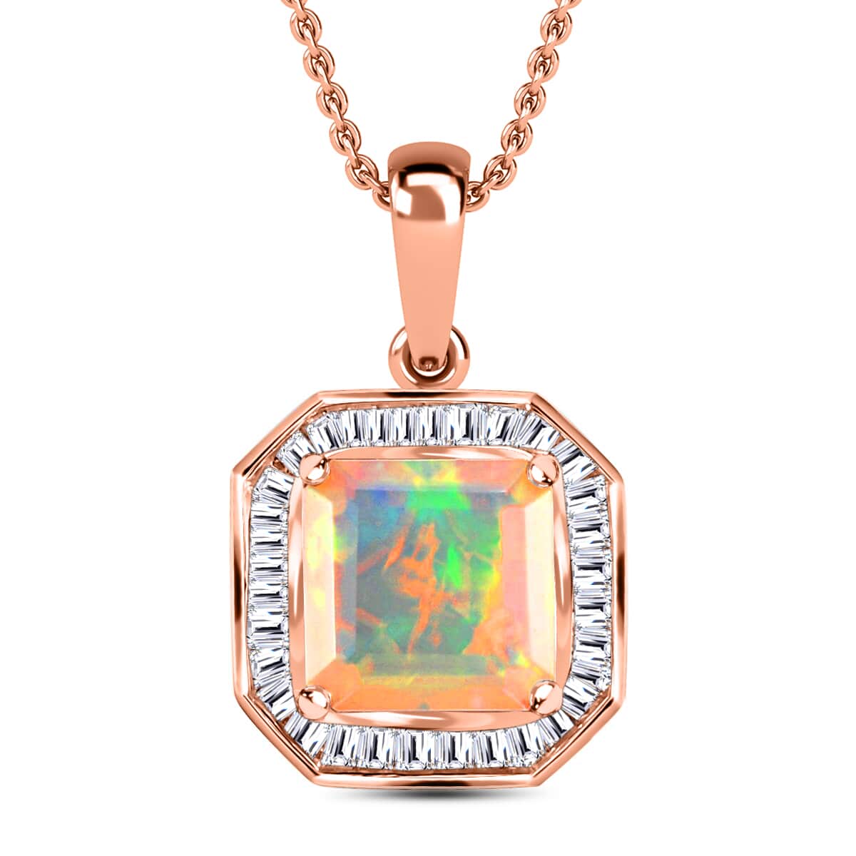 Premium Ethiopian Opal Diamond Pendant in Vermeil Rose Gold Plated Sterling Silver, Diamond Halo Pendant, Welo Opal Jewelry, Asscher Cut Opal (20 Inches) 1.75 ctw image number 0