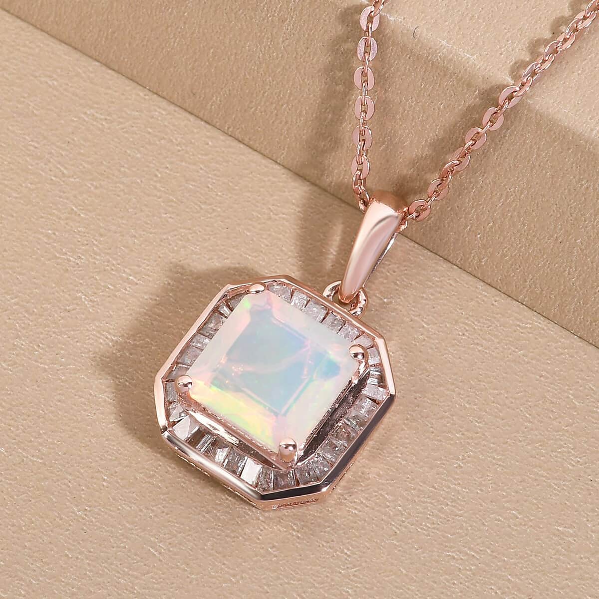 Premium Ethiopian Opal Diamond Pendant in Vermeil Rose Gold Plated Sterling Silver, Diamond Halo Pendant, Welo Opal Jewelry, Asscher Cut Opal (20 Inches) 1.75 ctw image number 1