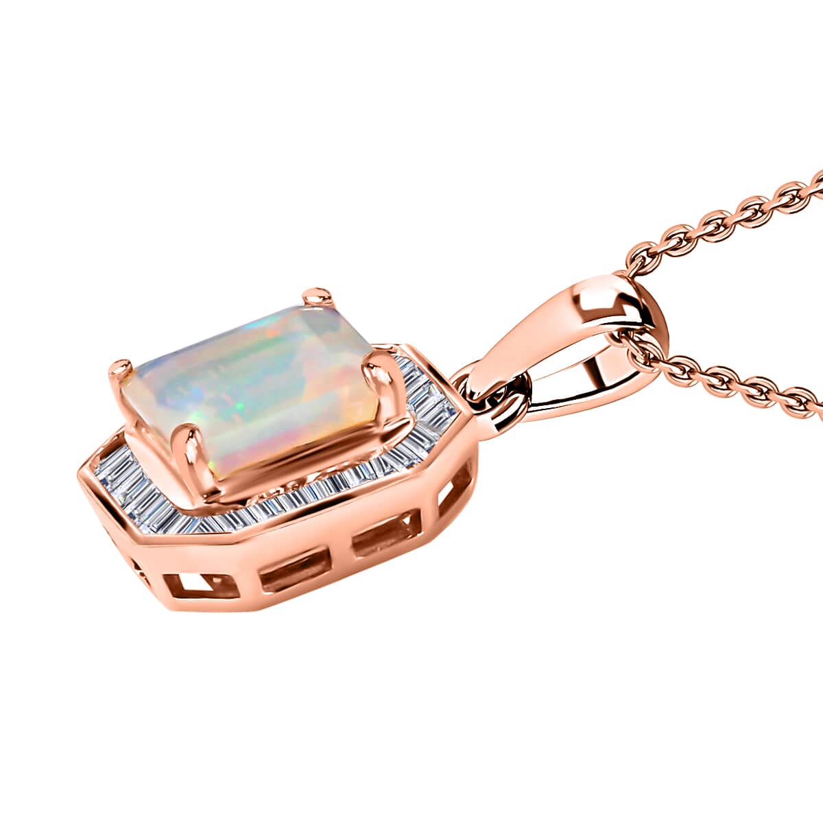 Premium Ethiopian Opal Diamond Pendant in Vermeil Rose Gold Plated Sterling Silver, Diamond Halo Pendant, Welo Opal Jewelry, Asscher Cut Opal (20 Inches) 1.75 ctw image number 3