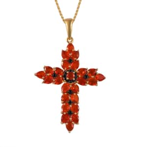 Crimson Fire Opal, Thai Black Spinel Cross Pendant Necklace (20 Inches) in Vermeil YG Over Sterling Silver