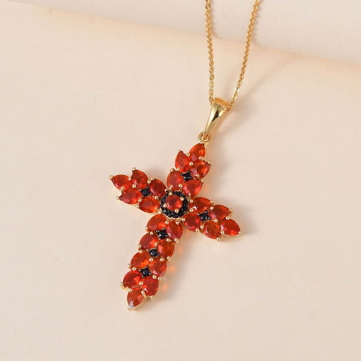 Crimson Fire Opal, Thai Black Spinel Cross Pendant Necklace (20 Inches) in Vermeil YG Over Sterling Silver image number 1