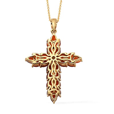 Crimson Fire Opal, Thai Black Spinel 2.85 ctw Cross Pendant Necklace in Vermeil YG Over Sterling Silver 20 Inches