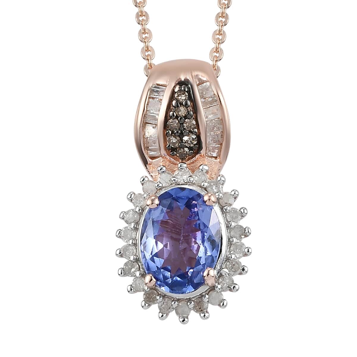Tanzanite and Natural Champagne and White Diamond Sunburst Pendant Necklace 20 Inches in Vermeil Rose Gold Over Sterling Silver 1.60 ctw image number 0