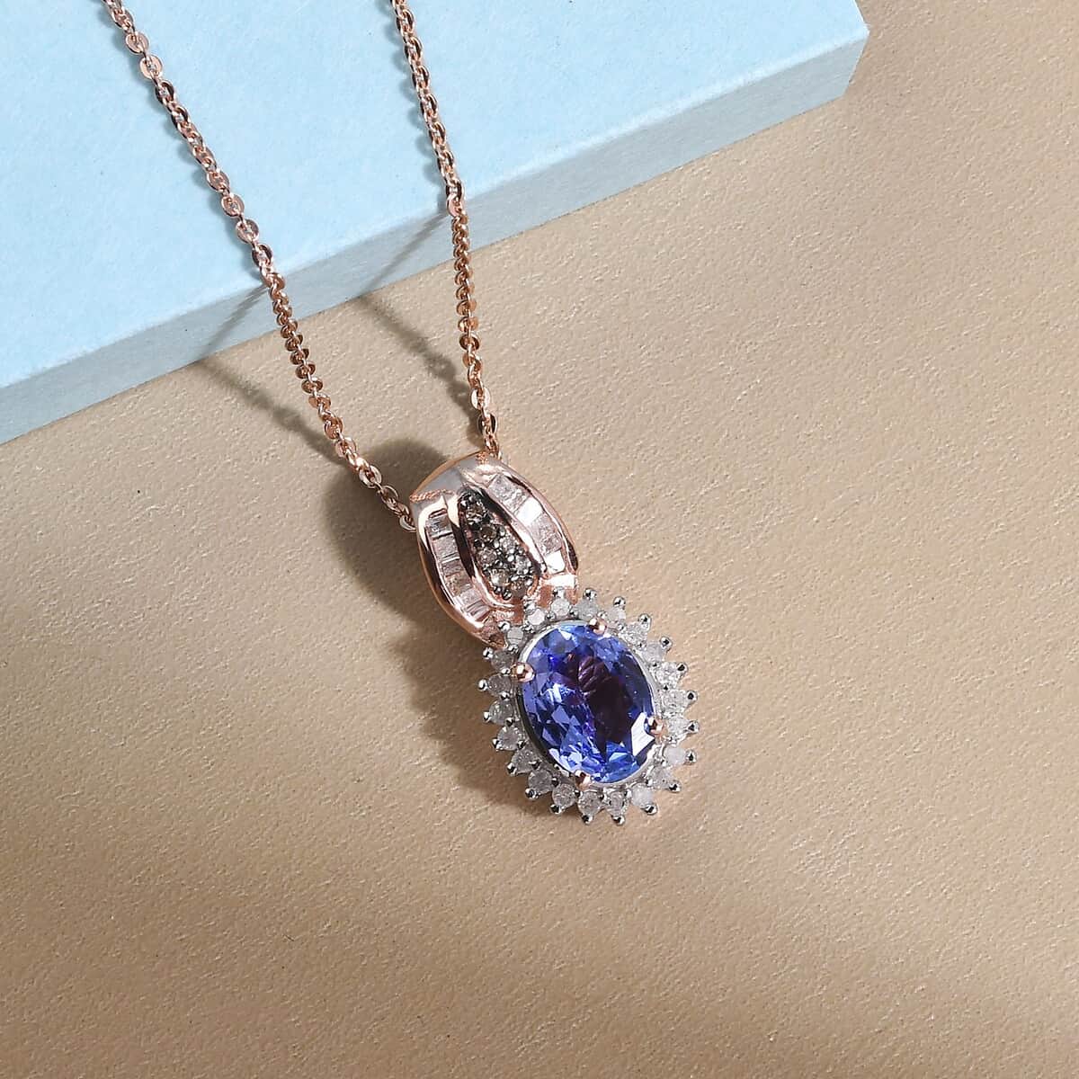 Tanzanite and Natural Champagne and White Diamond Sunburst Pendant Necklace 20 Inches in Vermeil Rose Gold Over Sterling Silver 1.60 ctw image number 1