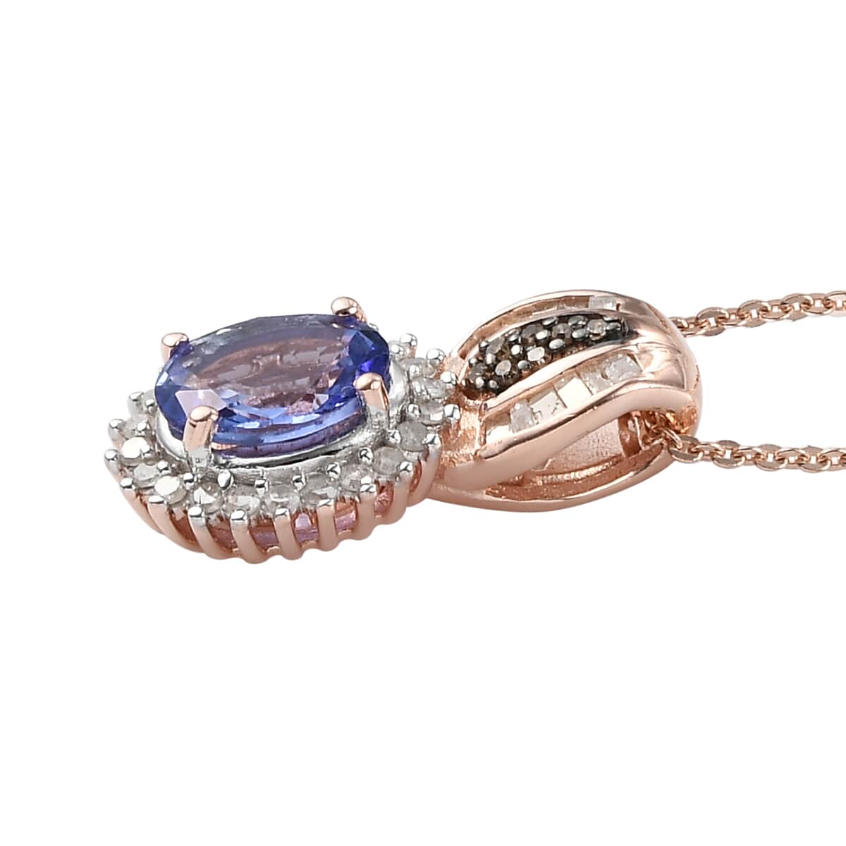 Tanzanite and Natural Champagne and White Diamond Sunburst Pendant Necklace 20 Inches in Vermeil Rose Gold Over Sterling Silver 1.60 ctw image number 3