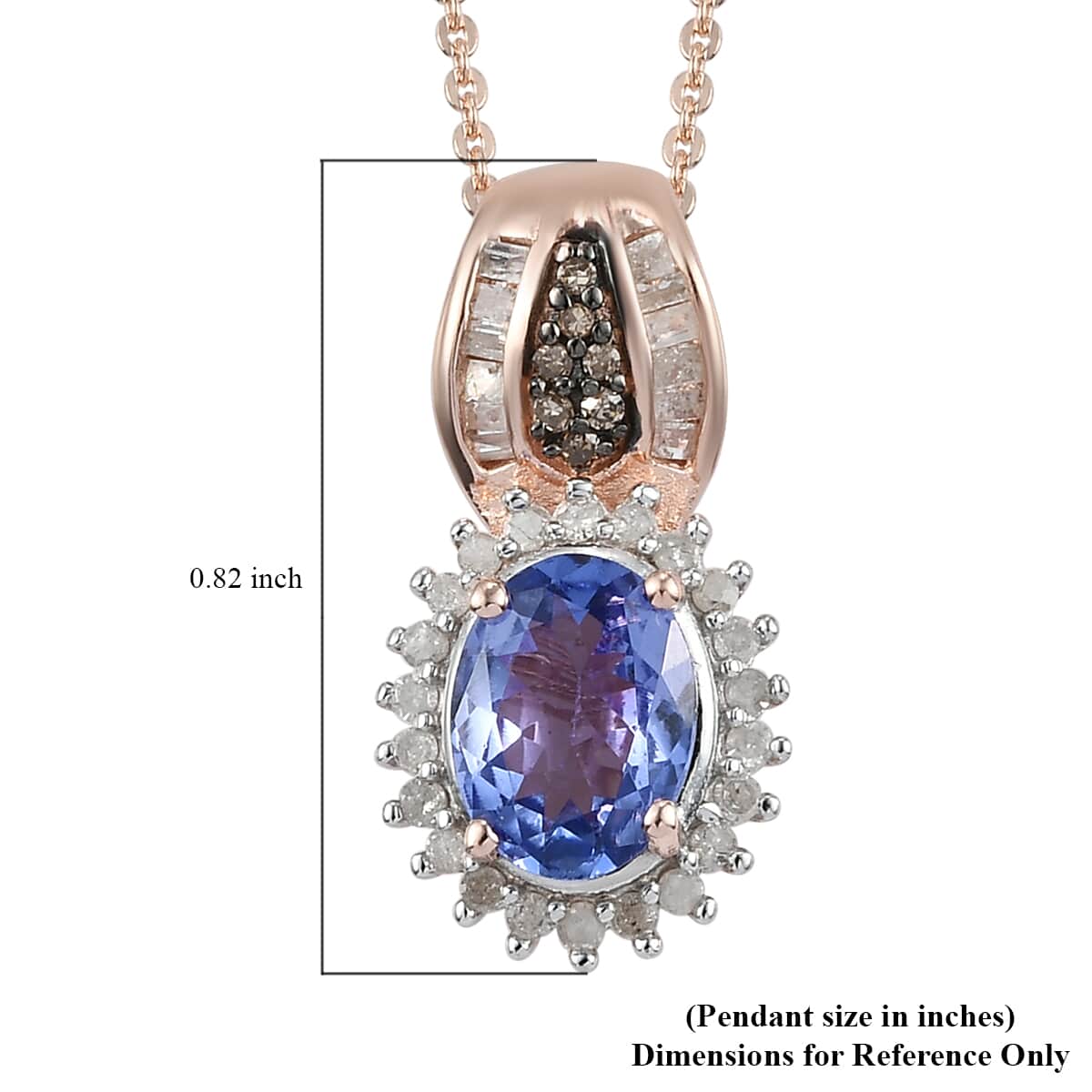 Tanzanite and Natural Champagne and White Diamond Sunburst Pendant Necklace 20 Inches in Vermeil Rose Gold Over Sterling Silver 1.60 ctw image number 6
