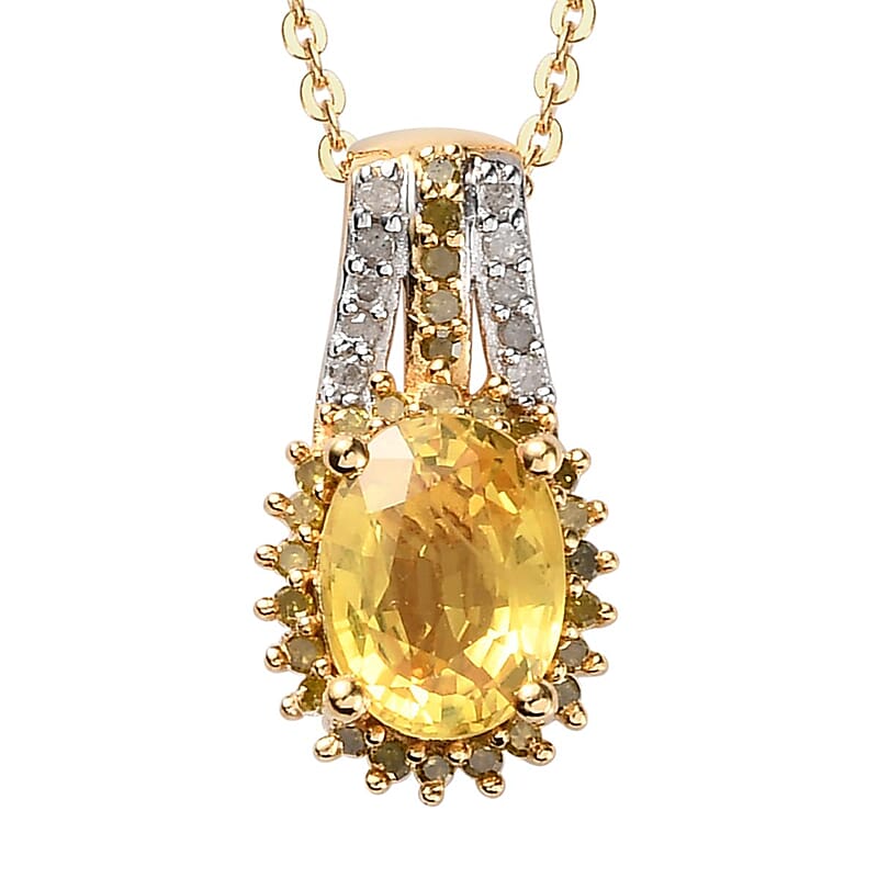 Yellow Sapphire, Yellow and White Diamond Pendant Necklace 20 Inches in Vermeil Yellow Gold Over Sterling Silver 1.85 ctw