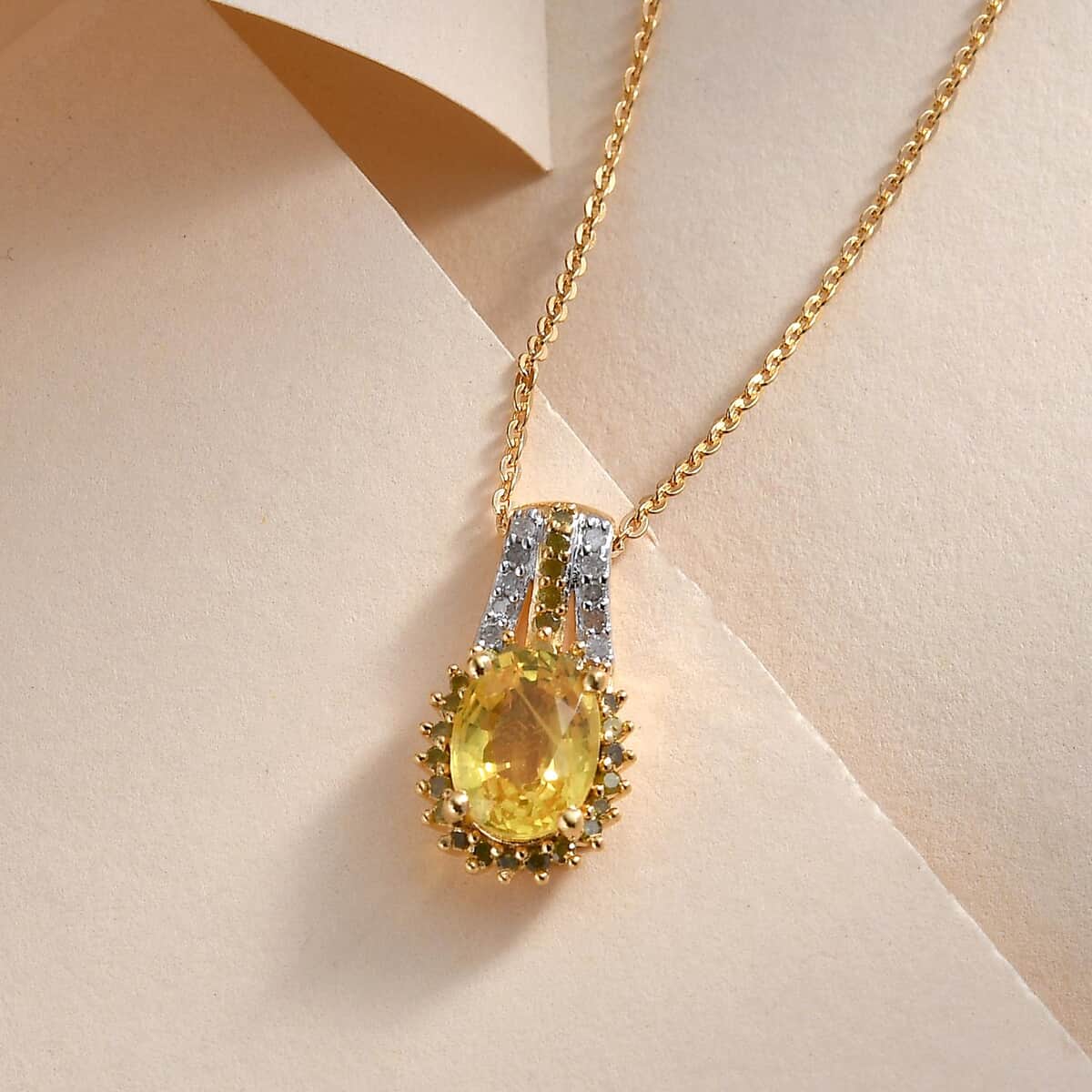 Yellow Sapphire, Yellow and White Diamond Pendant Necklace 20 Inches in Vermeil Yellow Gold Over Sterling Silver 1.85 ctw image number 1