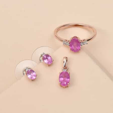 Ilakaka Hot Pink Sapphire (FF) and Natural White Zircon Earrings, Ring (Size 5.0) and Pendant Box Set in Vermeil Rose Gold Over Sterling Silver 3.50 ctw image number 1