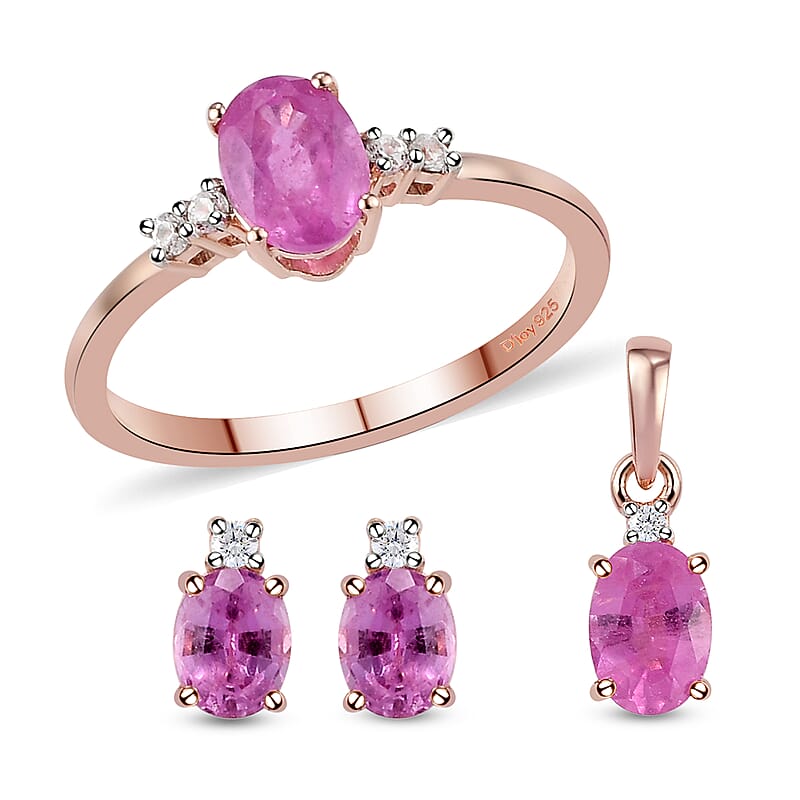 Ilakaka Hot Pink Sapphire (FF) and White Zircon Earrings, Ring (Size 7.0) and Pendant in Vermeil RG Over Sterling Silver 3.25 ctw