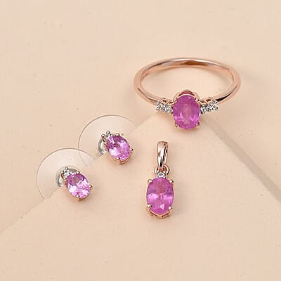 Ilakaka Hot Pink Sapphire (FF) and White Zircon Earrings, Ring (Size 7.0) and Pendant in Vermeil RG Over Sterling Silver 3.25 ctw