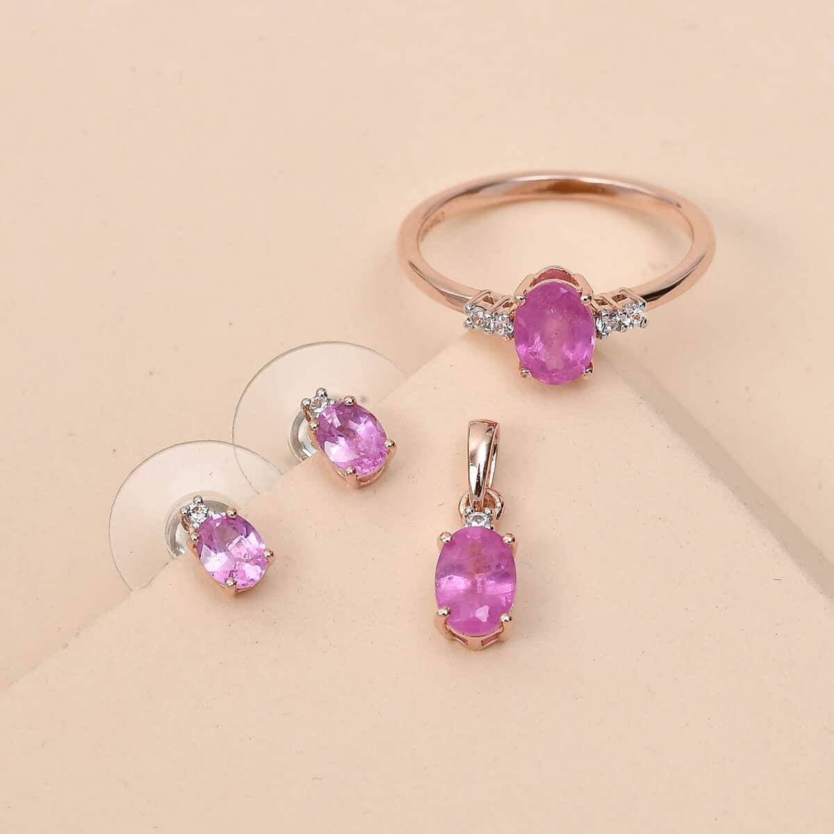 Ilakaka Hot Pink Sapphire (FF) and White Zircon Earrings, Ring (Size 7.0) and Pendant in Vermeil RG Over Sterling Silver 3.25 ctw image number 1