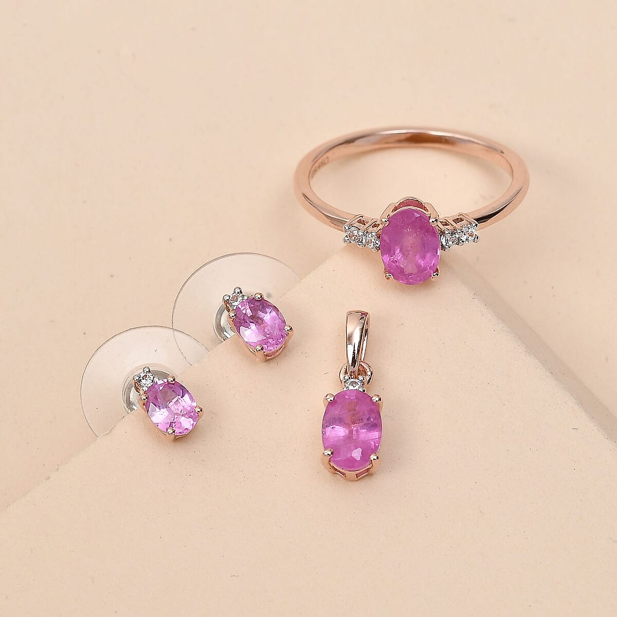 Ilakaka Hot Pink Sapphire (FF) and Natural White Zircon Earrings, Ring (Size 9.0) and Pendant Box Set in Vermeil Rose Gold Over Sterling Silver 3.50 ctw image number 1