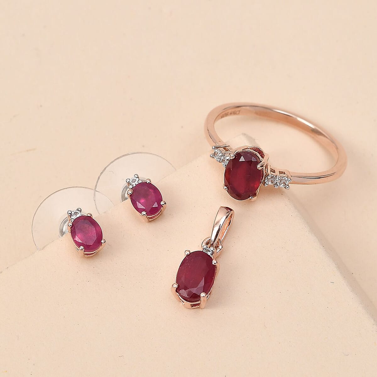 Niassa Ruby (FF) and White Zircon Earrings, Ring (Size 8.0) and Pendant Box Set in Vermeil Rose Gold Over Sterling Silver 3.65 ctw image number 1