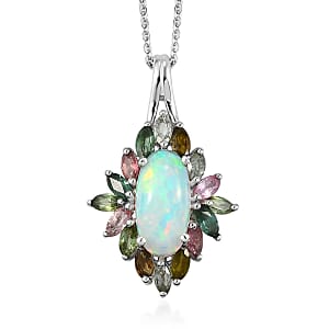 Premium Ethiopian Welo Opal and Multi-Tourmaline Floral Spray Pendant Necklace 20 Inches in Platinum Over Sterling Silver 2.75 ctw