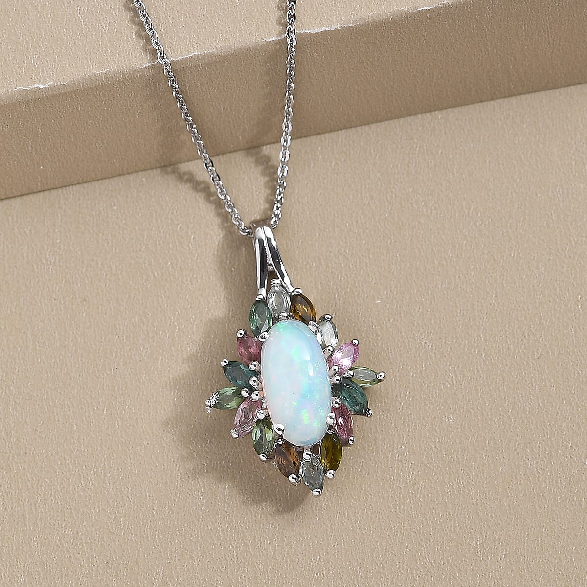 Premium Ethiopian Welo Opal and Multi-Tourmaline Floral Spray Pendant Necklace 20 Inches in Platinum Over Sterling Silver 2.75 ctw image number 1