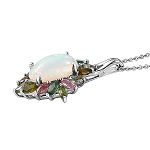 Premium Ethiopian Welo Opal and Multi-Tourmaline Floral Spray Pendant Necklace 20 Inches in Platinum Over Sterling Silver 2.75 ctw